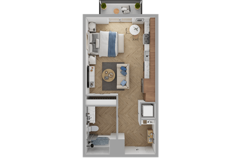 Floor plan for studio, 1 bath, 496 sqft